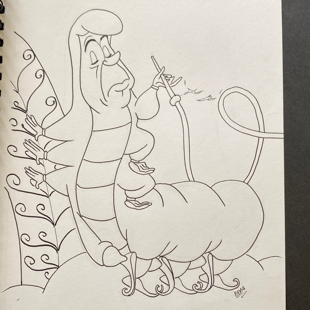 Hand-Drawn Caterpillar Disney Alice In Wonderland Illustration Black Ink 11x8.5”